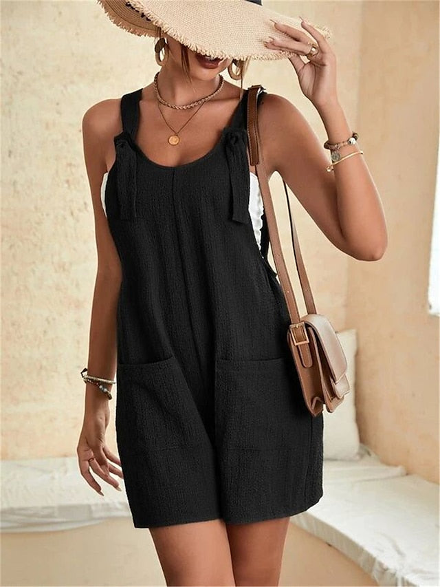 Women's Overall Button Pocket Solid Color U Neck Ordinary Daily Vacation Regular Fit Sleeveless Black Pink Army Green S M L Summer - LuckyFash™