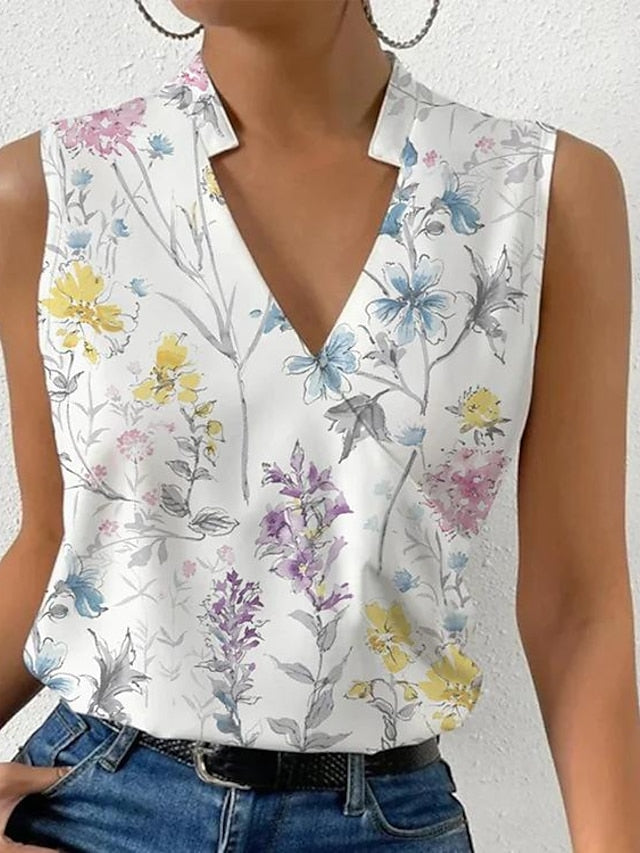 Women's Tank Top Floral Casual Holiday Print Sleeveless Yellow Sleeveless Elegant Fashion Basic V Neck