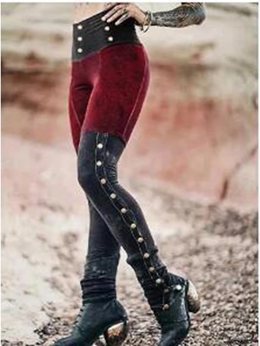 Women's Tights Normal Cotton Blend Color Block Red Blue Fashion Mid Waist Ankle-Length Valentine's Day Halloween