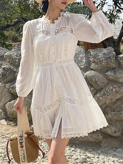 Women's White Dress Lace Dress Casual Dress Mini Dress Cotton Lace Patchwork Date Vacation Elegant Streetwear Stand Collar Long Sleeve Beige Color