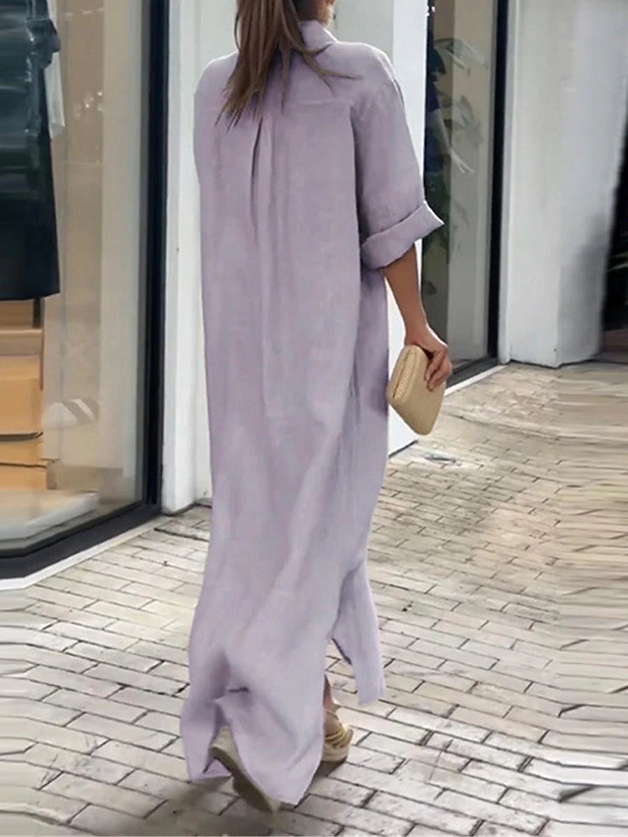 Women's Shirt Dress Casual Dress Cotton Linen Dress Maxi long Dress Button Basic Daily Shirt Collar 3/4 Length Sleeve Summer Spring Gray Plain