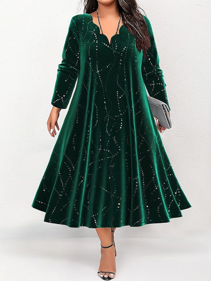 Women‘s Plus Size Curve Elegant Velvet Dress Party Dress A Line Dress Gradient Long Dress Maxi Dress Long Sleeve Print V Neck Party Dress Wedding Guest Dress