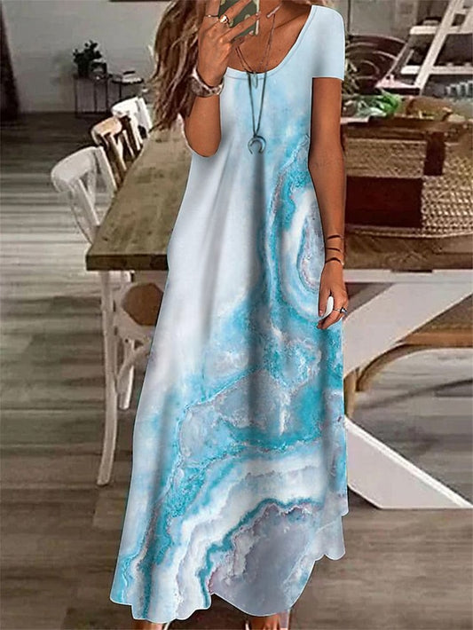 Women's Casual Dress Shift Dress Marble Print V Neck Maxi long Dress Elegant Daily Short Sleeve Summer Spring