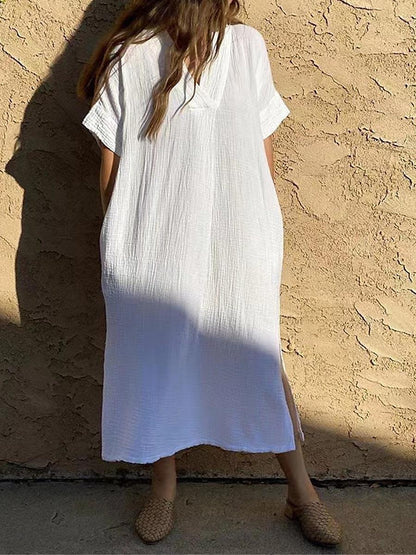 Women's White Dress Casual Dress Summer Dress Midi Dress Pocket Split Vacation Beach Basic V Neck Half Sleeve Black White Color