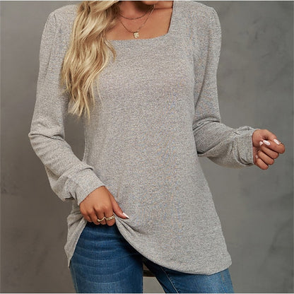 Women's T shirt Tee Cotton Plain Casual Daily Holiday Light Blue Long Sleeve Basic U Neck Fall & Winter