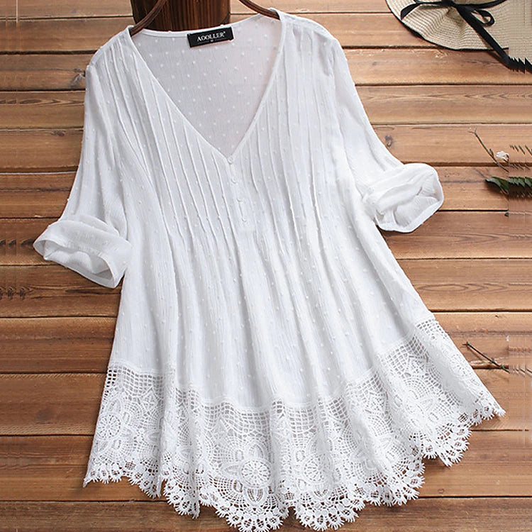 Women's Shirt Lace Shirt Blouse Eyelet top Cotton Pure Color Daily Lace Button White 3/4 Length Sleeve Basic Casual V Neck Summer Spring