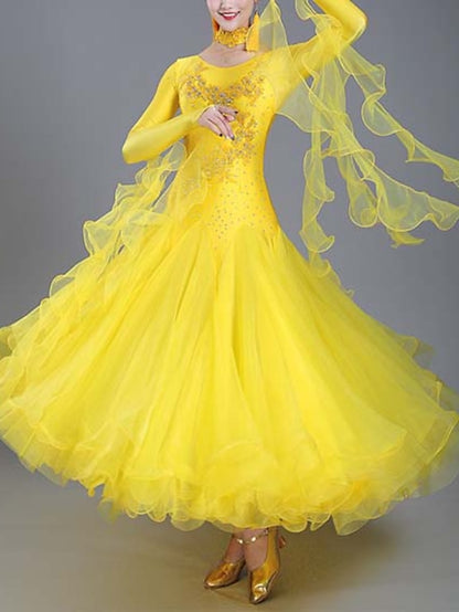 Ballroom Dance Dance Costumes Dress Crystals / Rhinestones Women's Performance Training Long Sleeve High LYOCELL - LuckyFash™