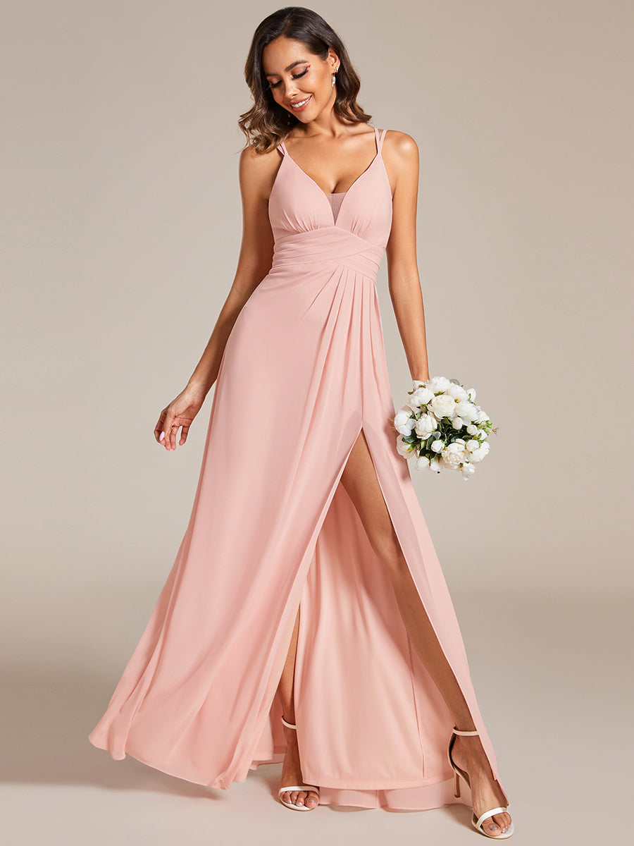 Plunging Neck Split Spaghetti Strap Back X-Cross Bridesmaid Dress