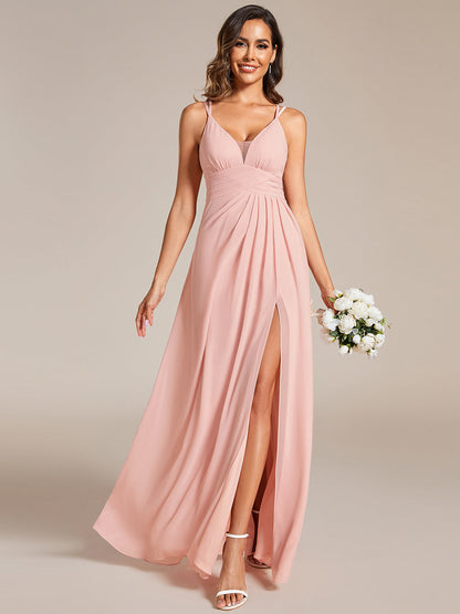 Plunging Neck Split Spaghetti Strap Back X-Cross Bridesmaid Dress