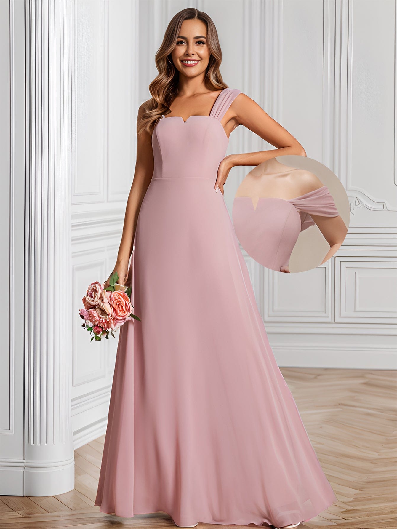 Chiffon Square Neck Wholesale Bridesmaid Dress With Sleeveless