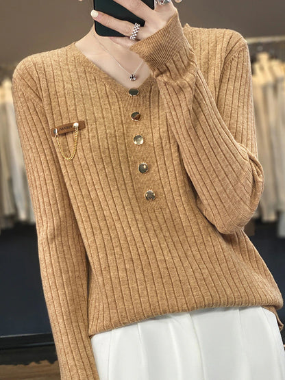 Women's Pullover Sweater Jumper V Neck Ribbed Knit Polyester Button Fall Winter Regular Outdoor Daily Going out Stylish Casual Soft Long Sleeve Solid Color Black White Yellow S M L