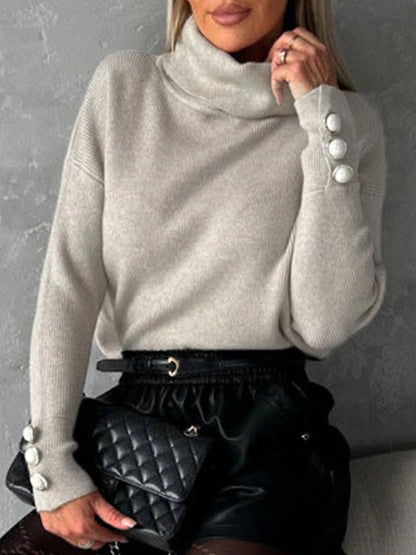 Women's Pullover Sweater Jumper Turtleneck Ribbed Knit Polyester Button Knitted Fall Winter Regular Outdoor Daily Going out Stylish Casual Soft Long Sleeve Solid Color Black White Army Green S M L