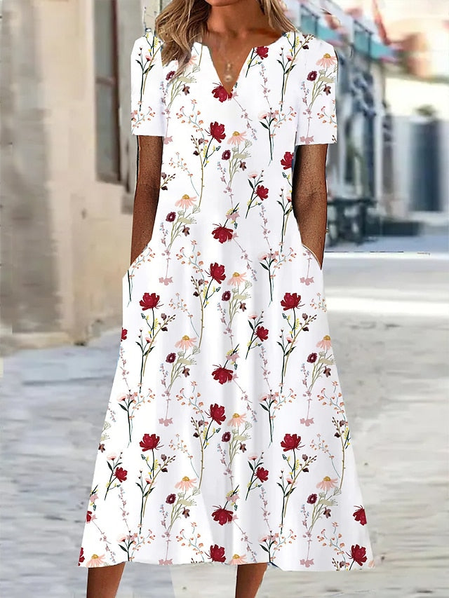 Women's Shift Dress Floral Print V Neck Midi Dress Date Vacation Short Sleeve Summer Spring