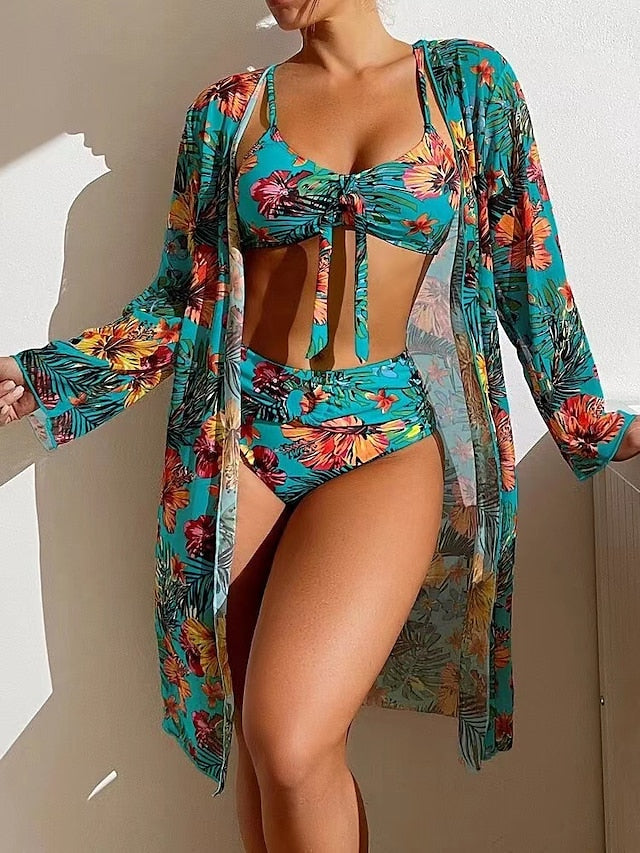 Women's Swimwear Bikini Normal Swimsuit 3-Piece Printing Floral White Yellow Blue Gray Bathing Suits Sports Beach Wear Summer - LuckyFash™