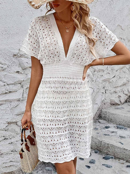 Women's White Dress Casual Dress Sheath Dress Mini Dress Backless Cut Out Vacation Beach Sexy Casual V Neck Short Sleeve Black White Blue Color