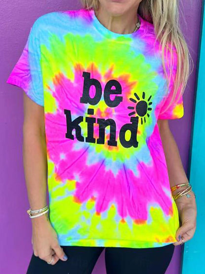 Women's T shirt Tee Tie Dye Vacation Pink Short Sleeve Hawaiian Stylish Crew Neck Be Kind Summer