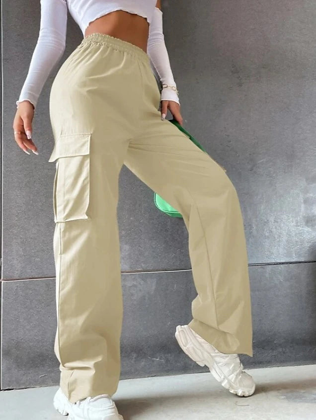 Women‘s Cargo parachute pants Chinos Trousers Full Length Cotton Blend Pocket Baggy Micro-elastic Mid Waist Fashion Casual Weekend Black Army Green S M Summer Spring &  Fall