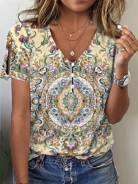 Women's T shirt Tee Henley Shirt Floral Graphic Casual Daily Button Cut Out Print Yellow Short Sleeve Print V Neck Summer