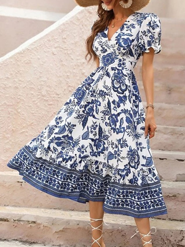Women's Casual Dress Summer Dress Print Dress Floral Ruched Print V Neck Puff Sleeve Midi Dress Active Fashion Outdoor Street Short Sleeve Loose Fit Black Red Blue Summer Spring S M L XL XXL - LuckyFash™