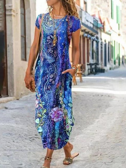 Women‘s A Line Dress Maxi long Dress Blue Short Sleeve Floral Pocket Print Summer Round Neck Casual 2023 S M L XL XXL 3XL