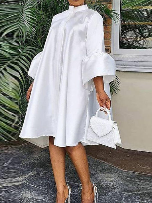 Women's Shirt Dress Knee Length Dress White Purple Yellow 3/4 Length Sleeve Solid Color Ruffle Spring Summer Stand Collar Elegant Casual Loose 2023 S M L XL XXL XXXL - LuckyFash™