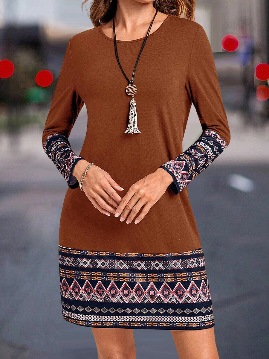 Women's Work Dress Casual Dress Fashion Winter Dress Daily Mini Dress Print Crew Neck Long Sleeve Geometric Color Block Loose Fit Blue Brown Green Fall Winter S M L XL XXL