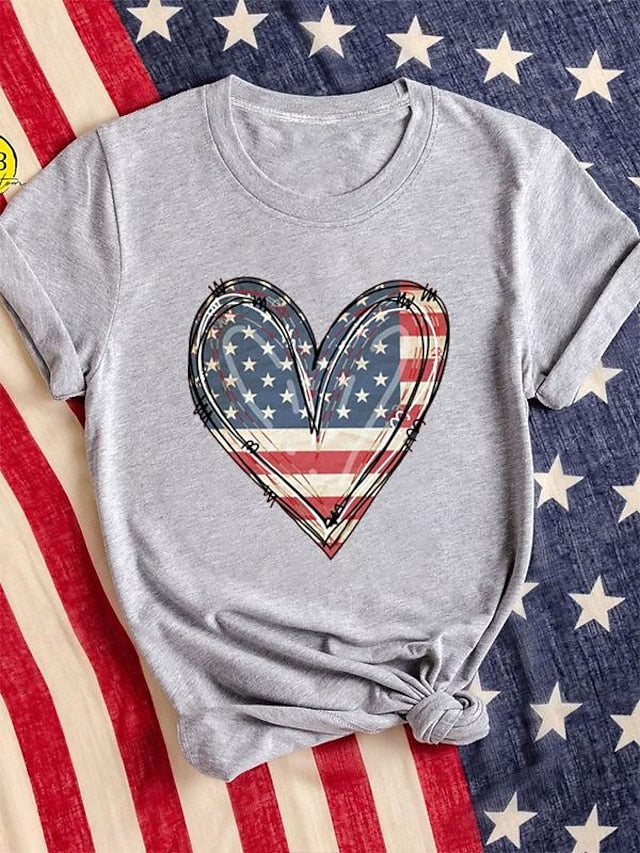 Women's T shirt Tee Cotton Heart American Flag Daily Weekend Print Black Short Sleeve Fashion Round Neck Summer