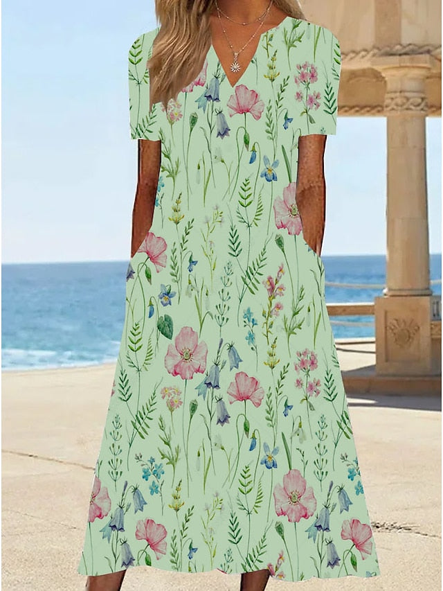 Women's Casual Dress T Shirt Dress Tee Dress Shift Dress Midi Dress White Yellow Pink Short Sleeve Floral Print Summer Spring V Neck Basic Vacation Summer Dress Spring Dress 2023 S M L XL XXL 3XL - LuckyFash™