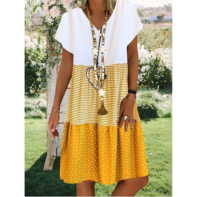 Women's Sundress Midi Dress Black Yellow Red Short Sleeve Color Block Print Summer Spring V Neck Elegant Loose Fit 2023 S M L XL XXL 3XL 4XL