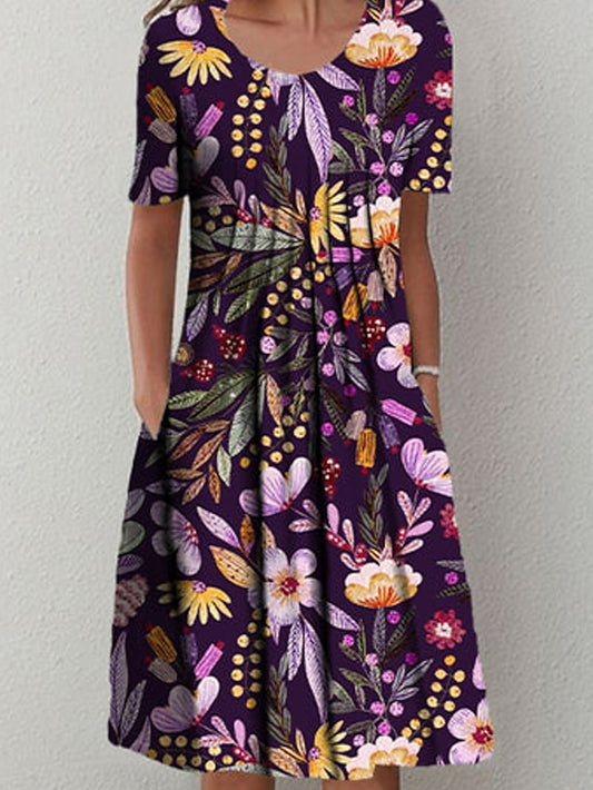 Women's Casual Dress Sheath Dress Summer Dress Floral Pleated Print Crew Neck Mini Dress Fashion Modern Daily Weekend Short Sleeve Regular Fit Black Purple Dark Blue Spring Summer S M L XL XXL - LuckyFash™