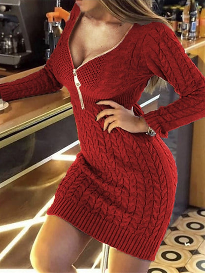 Women's Sweater Dress Jumper Dress Winter Dress Mini Dress Knitwear Fashion Daily Pure Color Outdoor Vacation Going out V Neck Long Sleeve Zipper 2023 Slim Black White Wine S M L XL XXL 3XL