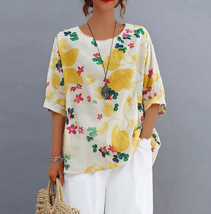 Women's Shirt Blouse Linen Floral Striped Casual Print Black Short Sleeve Fashion Round Neck Spring & Summer