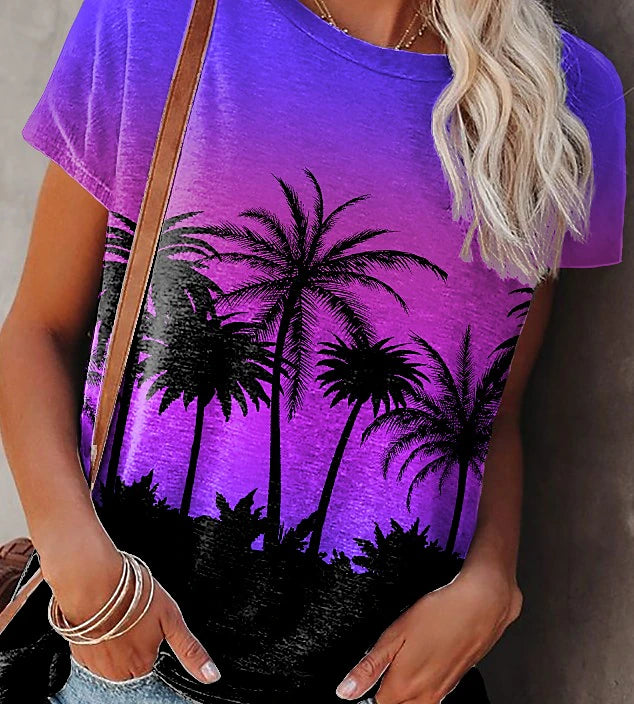 Women's T shirt Tee Plants Casual Holiday Going out Print Purple Short Sleeve Hawaiian Basic Holiday Round Neck