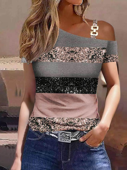 Women's T shirt Tee Galaxy Color Block Plain Work Casual Print Cold Shoulder Black Short Sleeve Casual Off Shoulder Cold Shoulder