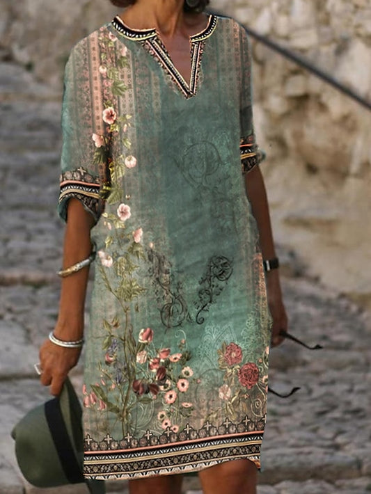 Women's Casual Dress Shift Dress Midi Dress Green Half Sleeve Floral Print Fall Spring Summer V Neck 2023 S M L XL XXL 3XL - LuckyFash™