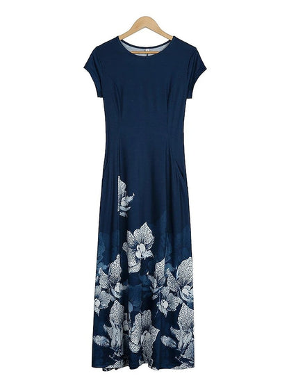 Women's Casual Dress Shift Dress Long Dress Maxi Dress Dark Blue Short Sleeve Floral Pocket Spring Summer Crew Neck Casual 2023 S M L XL XXL XXXL - LuckyFash™