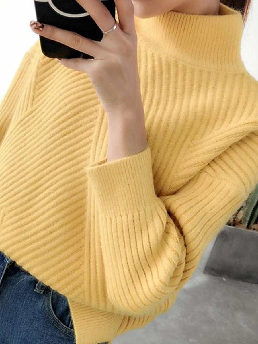 Women's Pullover Sweater Jumper Stand Collar Ribbed Knit Spandex Yarns Patchwork Split Fall Winter Regular Outdoor Daily Going out Stylish Casual Soft Long Sleeve Solid Color Black White Yellow