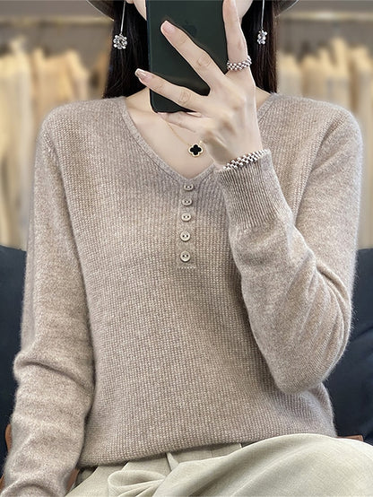 Women's Pullover Sweater Jumper V Neck Ribbed Knit Polyester Button Knitted Fall Winter Regular Outdoor Daily Holiday Fashion Streetwear Casual Long Sleeve Solid Color Black White Light Green S M L