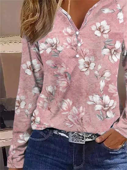 Women's T shirt Tee Henley Shirt Floral Holiday Weekend Button Print Pink Long Sleeve Elegant Fashion Daily V Neck Fall & Winter