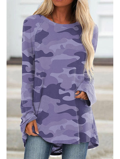 Women's T shirt Tee Wine Blue Purple Camo Camouflage Print Long Sleeve Daily Weekend Tunic Basic Round Neck Regular Loose Fit S