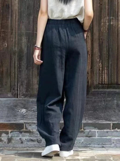 Women's Wide Leg Linen Cotton Blend Plain Black Dark Navy Vintage High Waist Full Length Street Daily Fall Winter