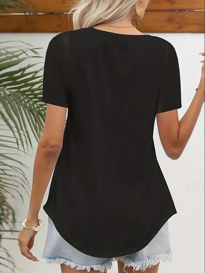 Women's T shirt Tee Plain Party Daily Ruffle Black Short Sleeve Stylish Basic U Neck Summer