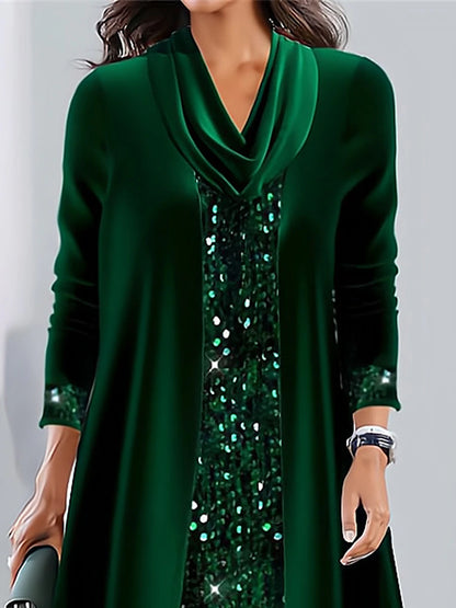 Women's Velvet Dress Sequin Dress Party Dress Velvet Sequins Patchwork Crew Neck Long Sleeve Midi Dress Christmas Green Spring Winter