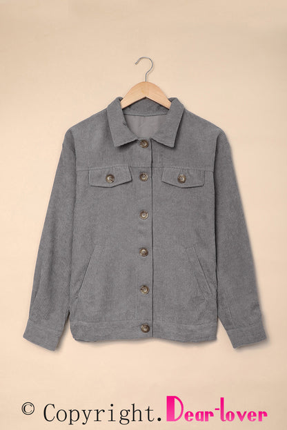 Gray Ribbed Corduroy Long Sleeve Jacket with Pocket