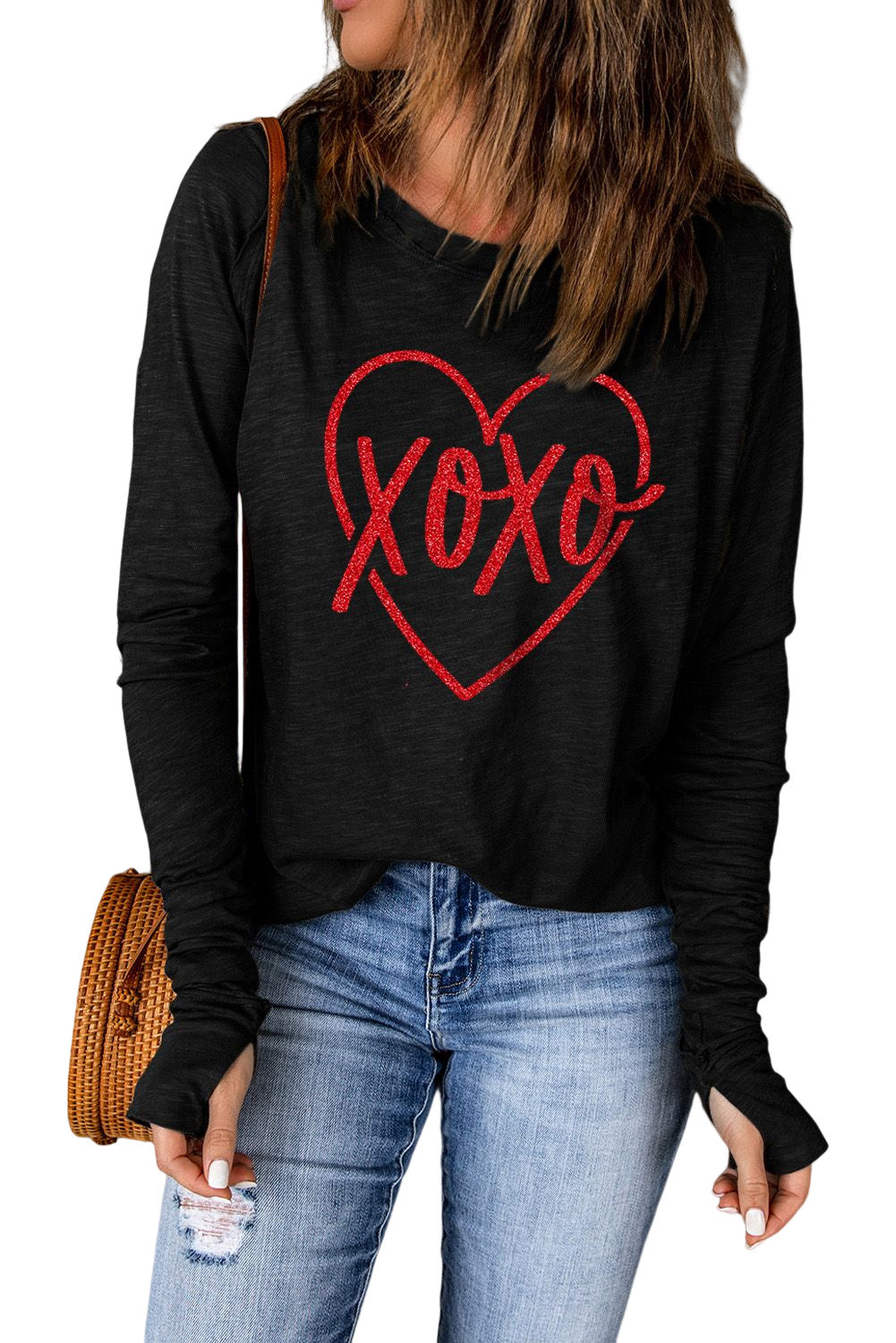 Black XOXO Heart Shaped Print Long Sleeve Top