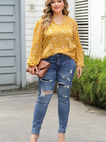 Yellow Plus Size Floral Print Ruched Split Neck Blouse