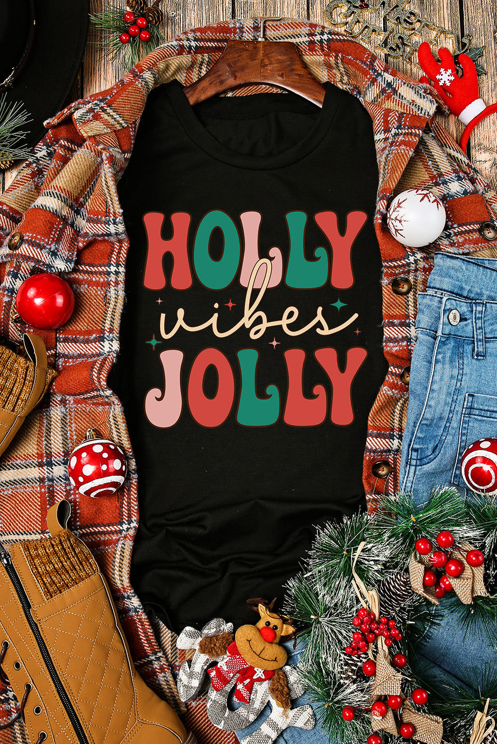 Black HOLLY JOLLY Vibes Christmas Crew Neck T Shirt