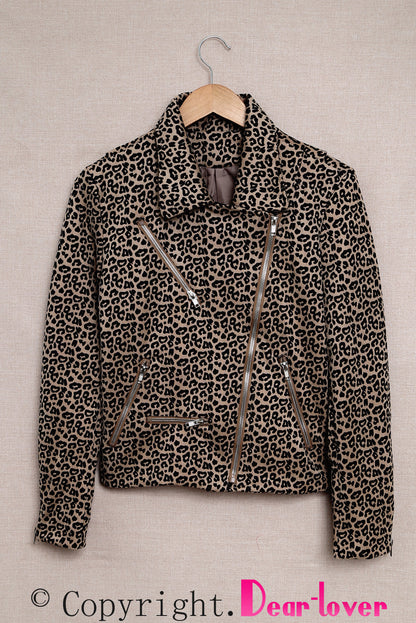 Leopard Zipped Notch Collar Short Jacket