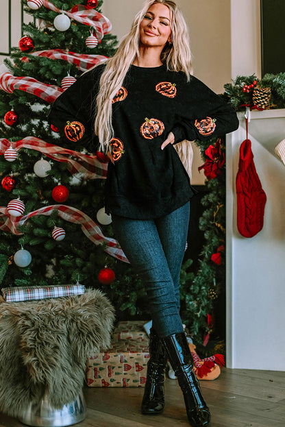 Black Sequined Jack O Lantern Split Hem Baggy Sweatshirt