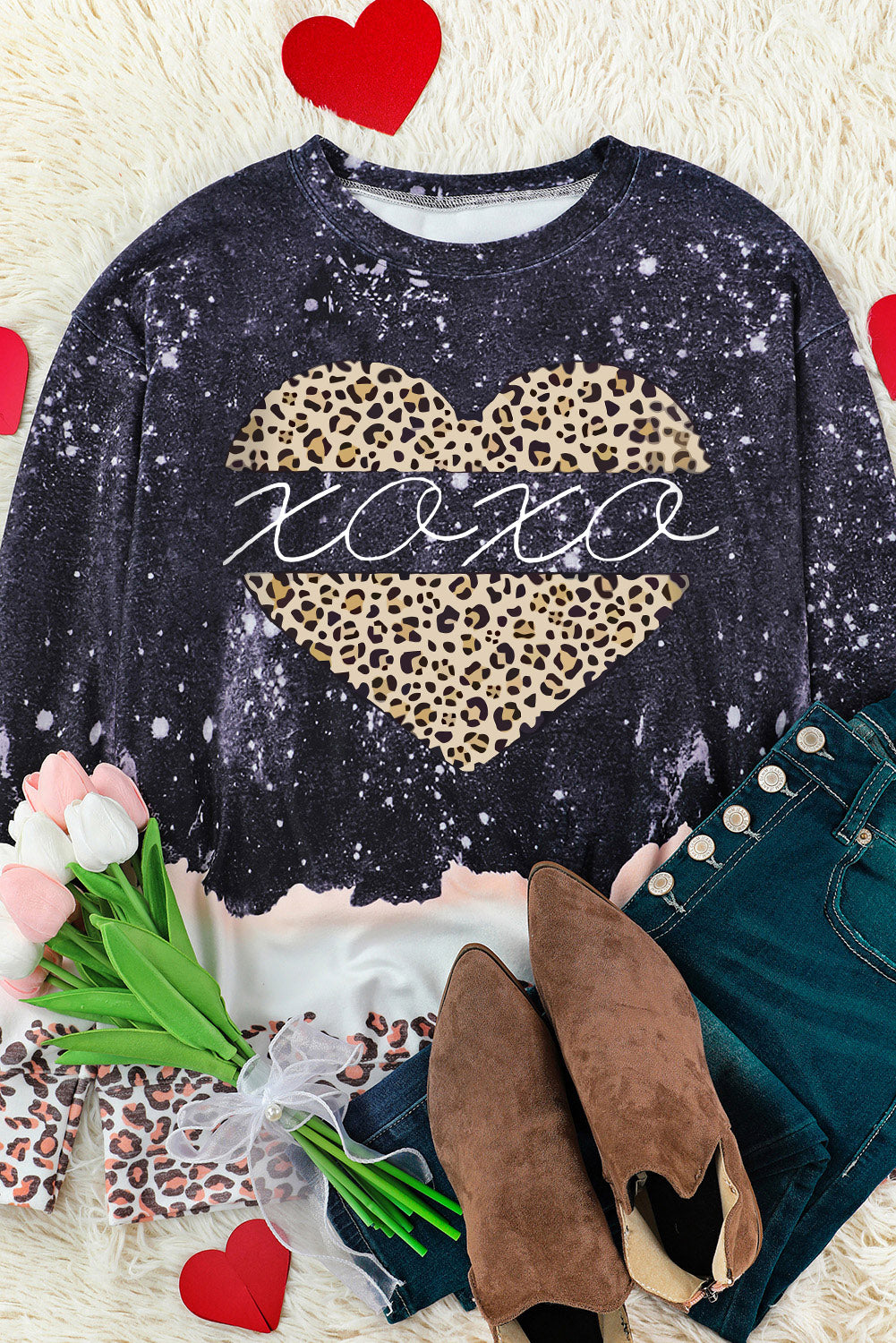 Black XOXO Heart Leopard Splicing Pullover Sweatshirt